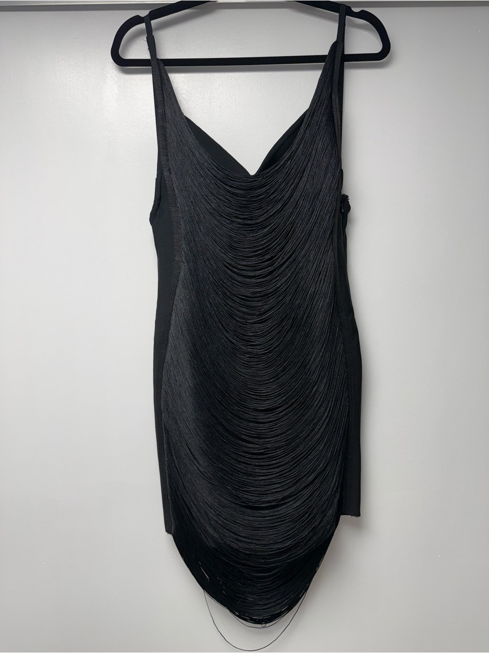 Current Mood Black Draped Fringe Slip Mini Dress